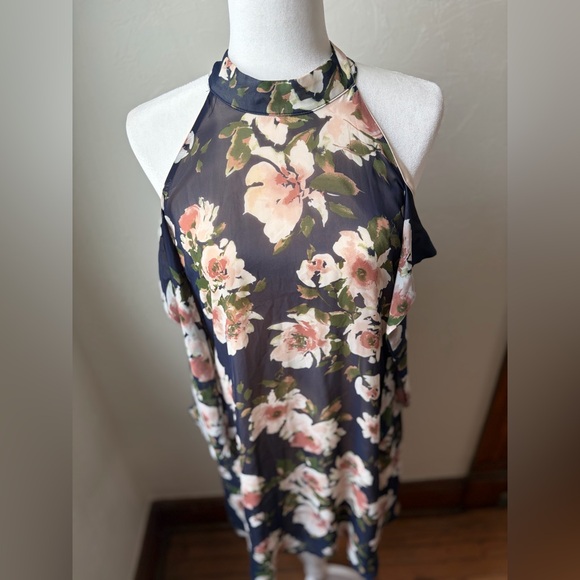 Maurices Floral Cold Shoulder Halter Dress Navy/Pink Tie Sleeve Size M - Picture 6 of 13
